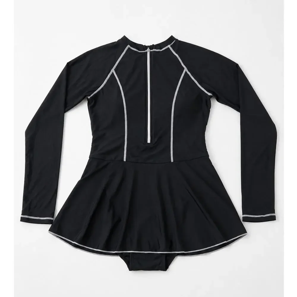 Women Swim Black Long Sleeve RashGuard One Piece Swim Dress Sz Large, Modest EUC